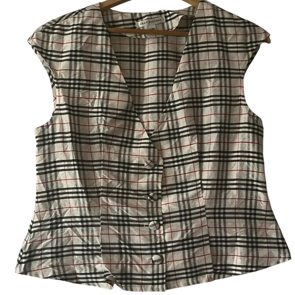 KENT NIELSEN Tops - Kent Nielsen Women's‎ M Beige Red Black Plaid Silk Sleeveless Button Front Top